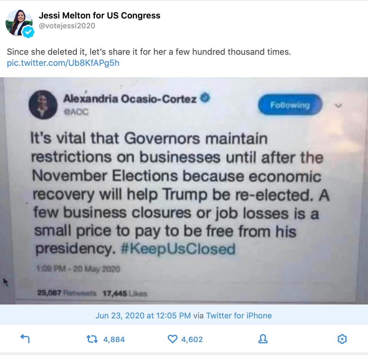 Did AOC Tweet About Wanting to Keep the Economy Closed to Hurt Trump?