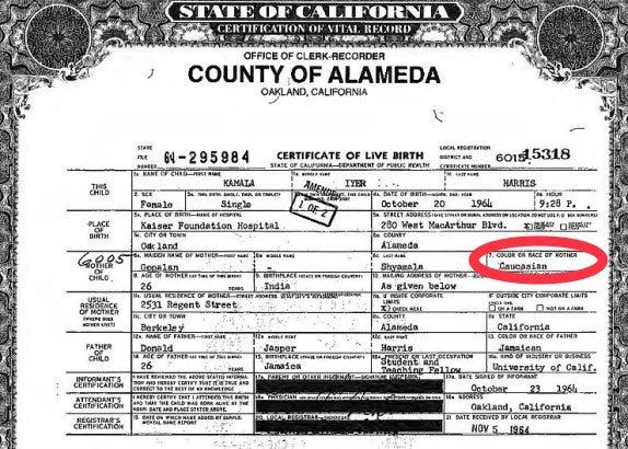 Is Kamala Harris Described As Caucasian On Her Birth Certificate