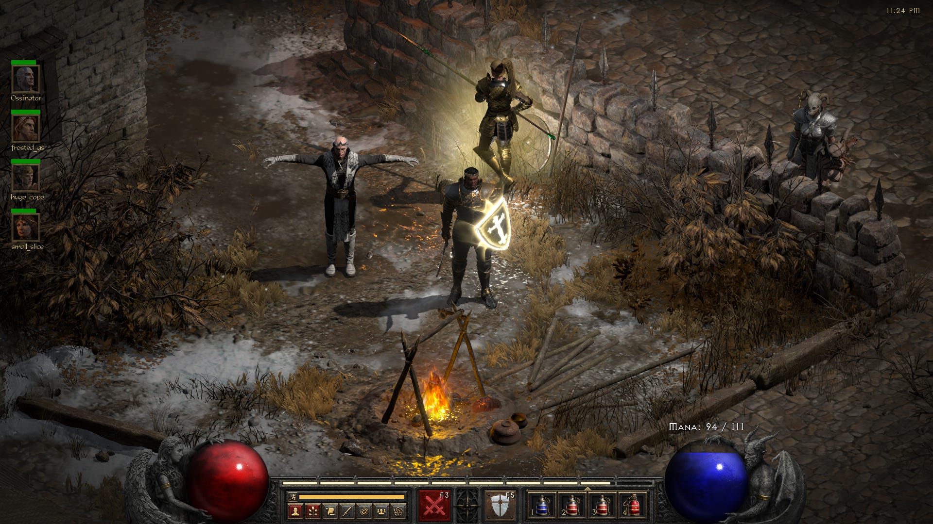 three heroes around a campfire in diablo 2s rogue encampment, one of them is t-posing