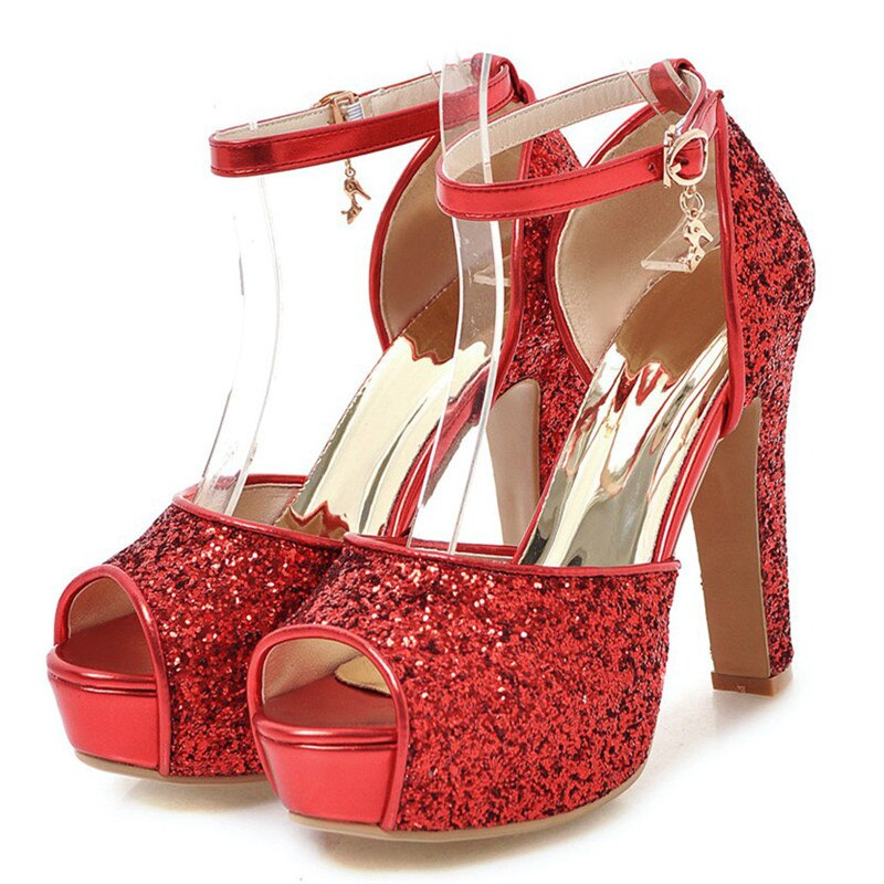 red glitter open toe heels