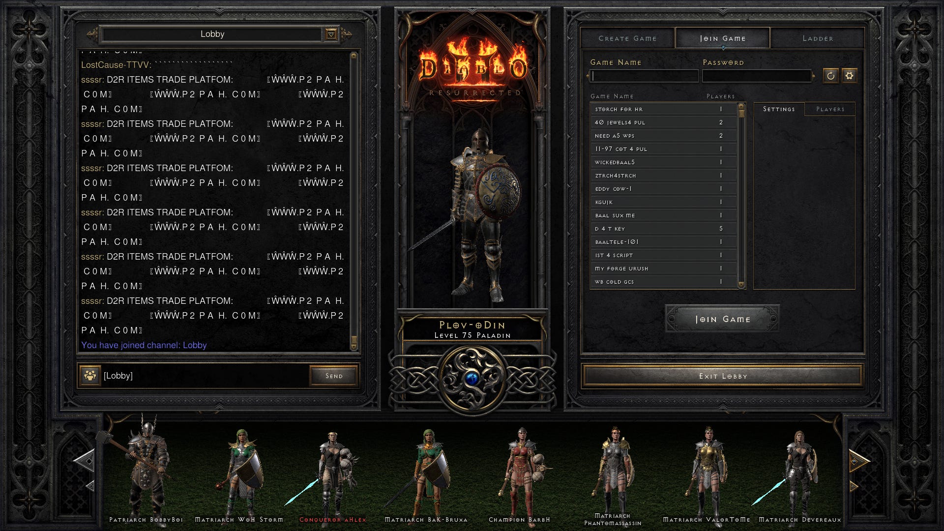 an image of the diablo 2 resurrected chat lobby, with a lot of random bot spam in the chat. even the chat spam of yore is back!