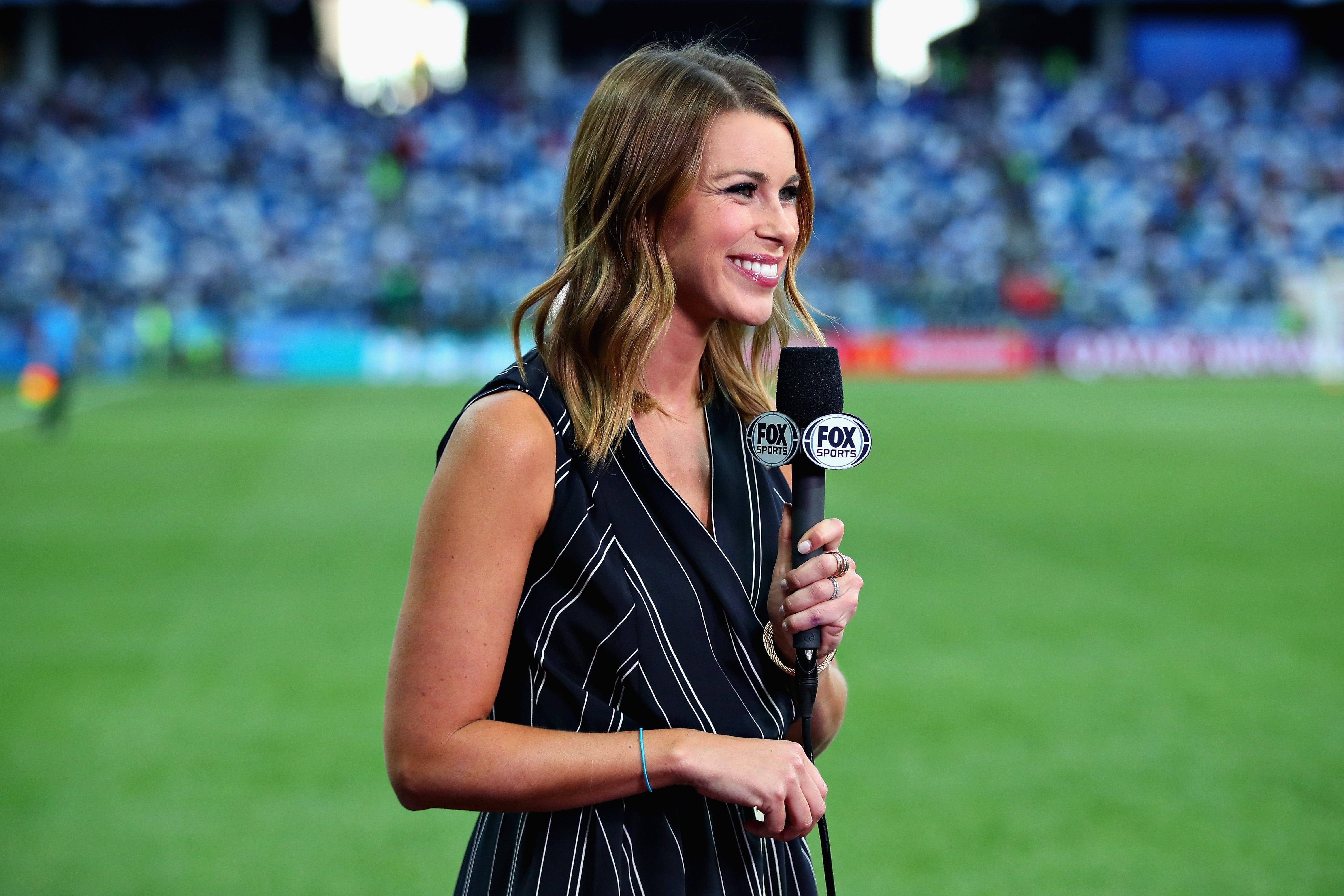 Jenny Taft of Fox Sports is seen pitchside before the 2018 FIFA World Cup R...