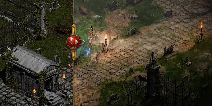 an image showing transition between the old diablo 2 and the new. checking the devs work!