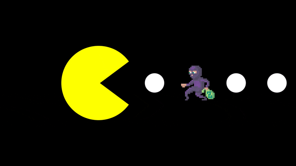 Animation of a pac-man gobbling up dots and bank-robbers