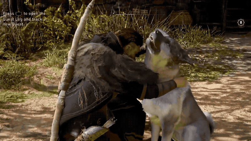 Gif of the player petting the dog in Assassin's Creed Valhalla.