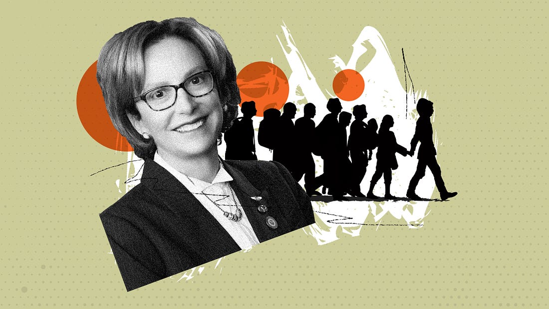 Photo illustration showing Wendy Rogers in front of silhouttes of a group of migrants.
