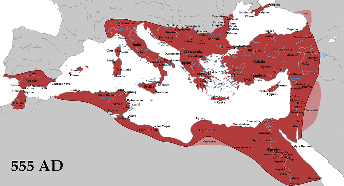 The empire in 555 under Justinian the Great, at its greatest extent since the fall of the Western Roman Empire (its vassals in pink)