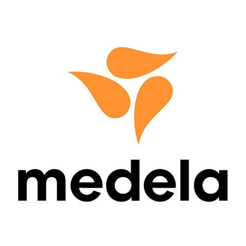 A logo for medela: there are three yellow/orange-ish drops grouped together to form what looks like a pinwheel, and below that the word medela is typed out in lowercase black font.