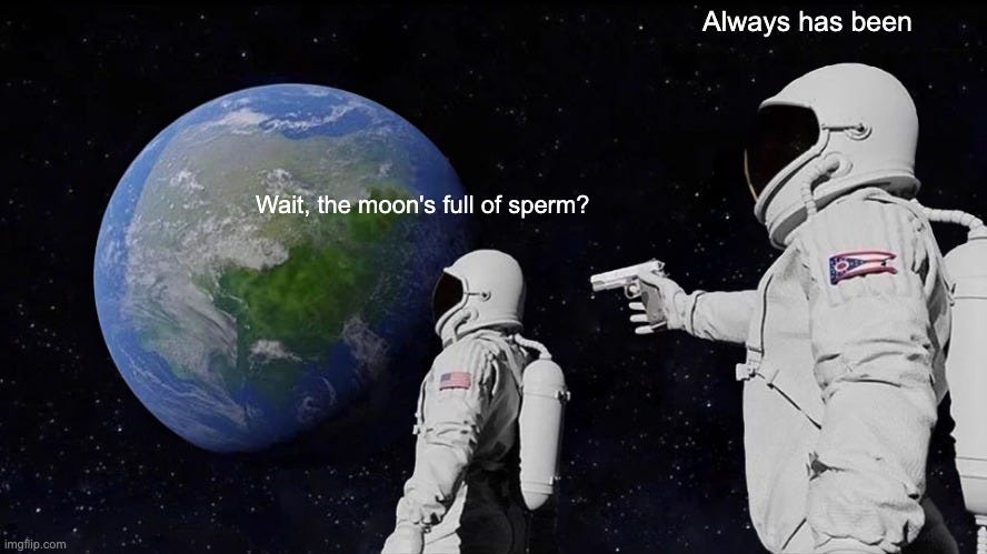 Meme image: two astronauts looking at the earth in the distance. One in front says "Wait, the moon's full of sperm?" The one behind, holding a gun, says "Always has been."