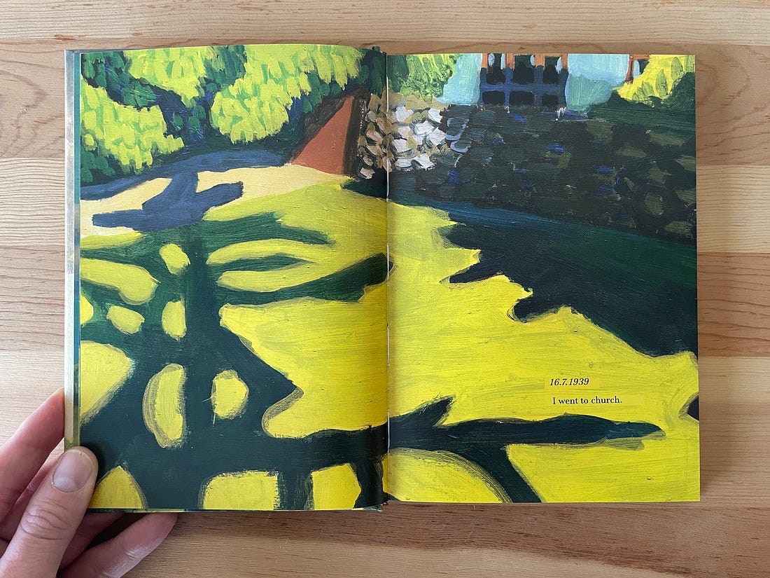 A book laid open to a painting of tree shadows across a lawn. Text on the page is in the caption.