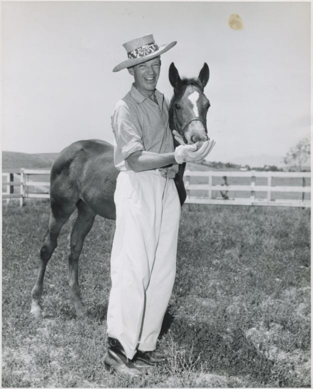 "When Fred Astaire isn't in front of the cameras he can quickly be found at his Chatsworth ranch where the offspring of his famed horse Triplicate romp and roam...".  Image credit: “Talking Horse Sense” ( Schubertiade Music &amp; Arts ).&nbsp;