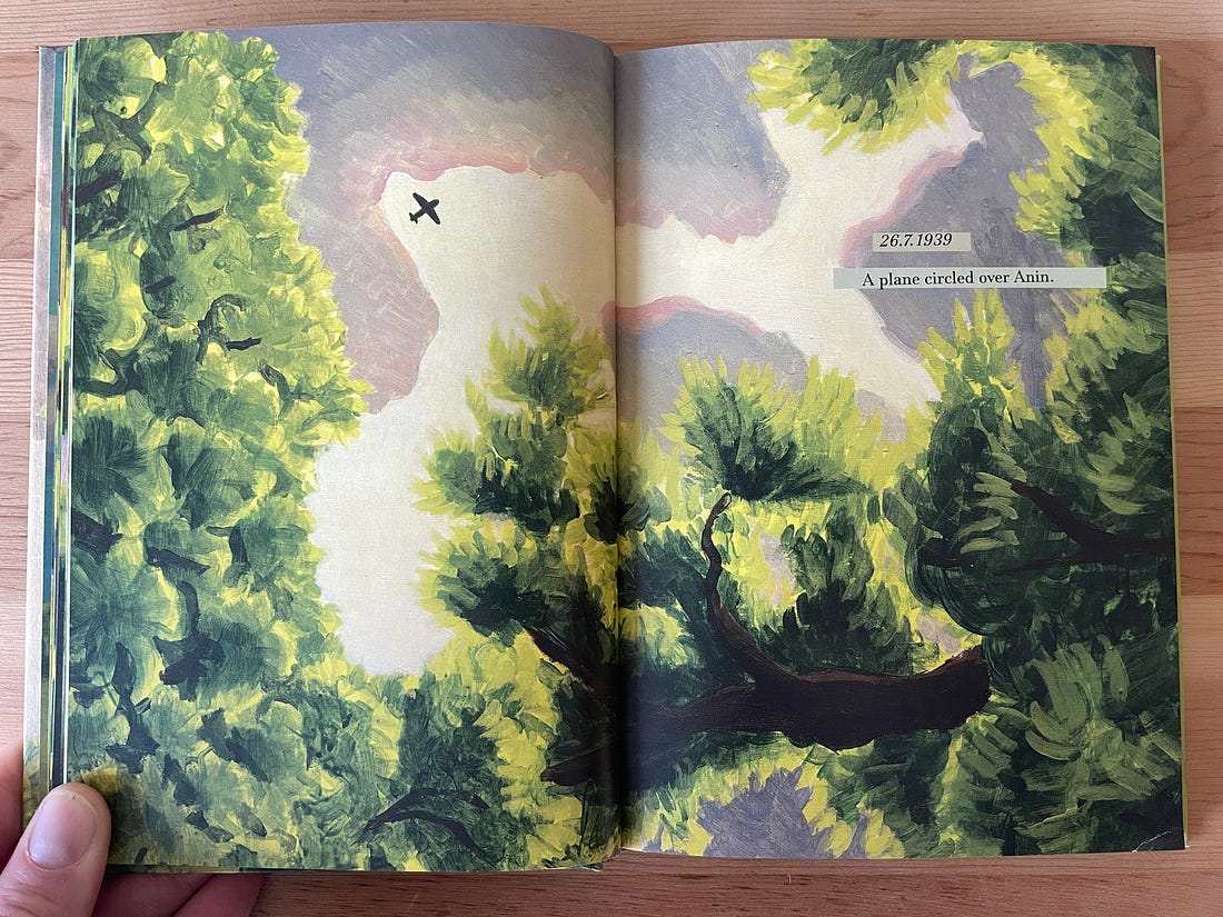 A book laid open to a painting of a small plane overhead seen through the canopies of trees. Text on the page is in the caption.