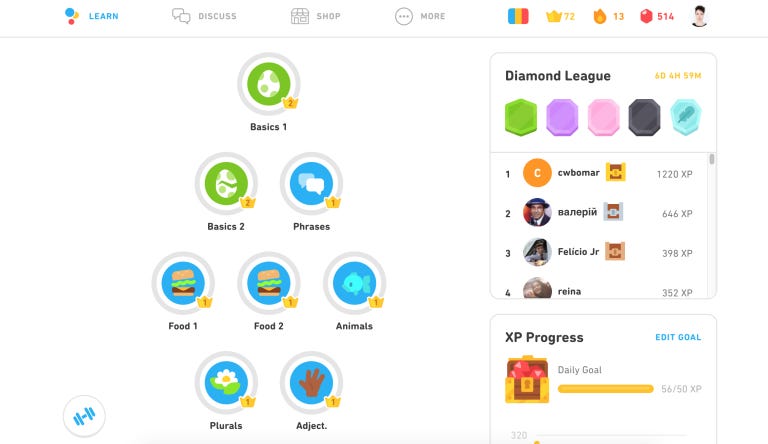 Giao diện vui nhộn và sinh động của Duolingo