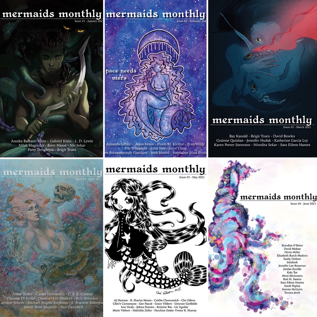 The first six covers of Merrmaids Monthly for 2021, arranged in a grid
