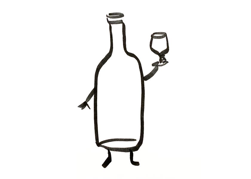 An anthropomorphic wine bottle drinking from a wine glass
