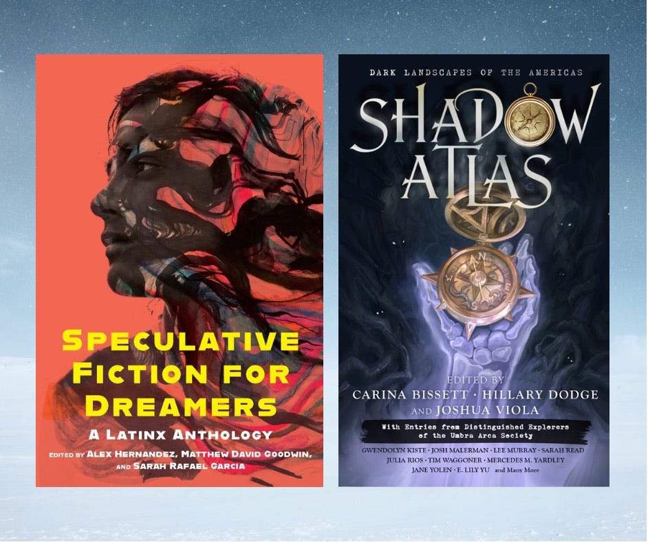 The covers of Speculative Fiction for Dreamers and Shadow Atlas rest on a background of a starry sky in light greyish blue. 