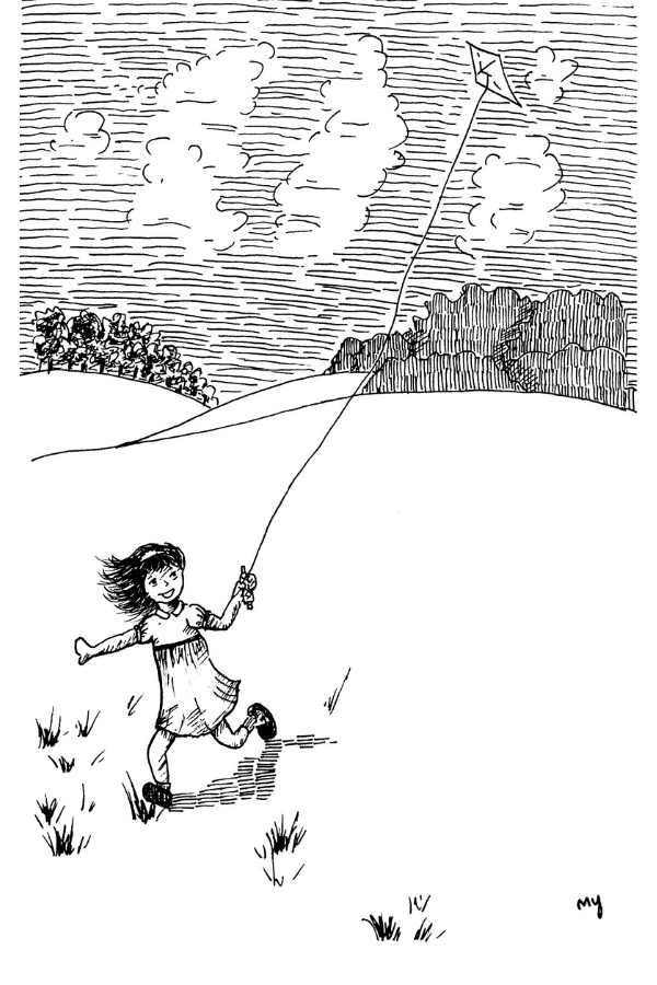 Line drawing of a little girl, running gaily along an open field with a kite flying high up in the distance. Fluffy clouds float around the sky. Art by Melinda Yeoh