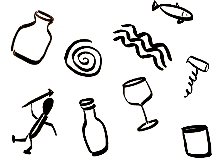 A doodle of a faux cave painting that includes a corkscrew and a wine bottle