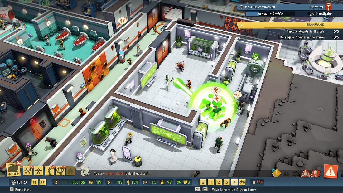 A screenshot from Evil Genius 2, showing part of the lair, with an explosion and minions running and cowering away.