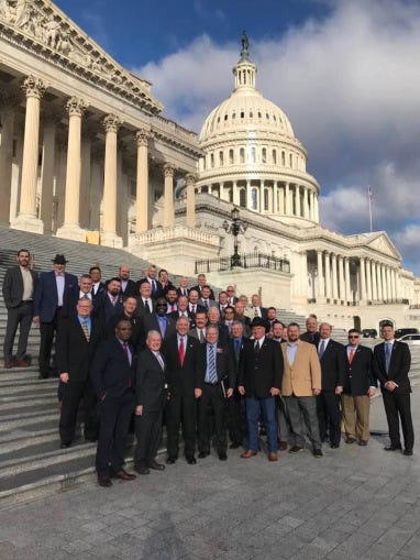 About 30 suit-clad veterans pose on the steps of the US Capitol