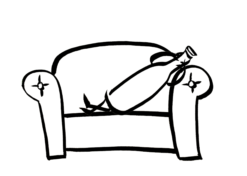 An anthropomorphic wine bottle reclines on a couch