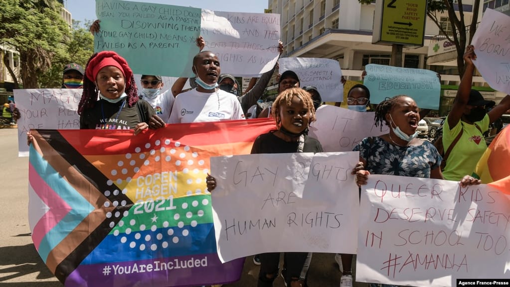 People march in downtown Nairobi, Kenya, during a protest organized by The Queer Republic in Nairobi, Jan.13, 2022. Education Cabinet Secretary Prof. George Magoha sparked controversy after saying that homosexuals students should be barred from boarding schools.