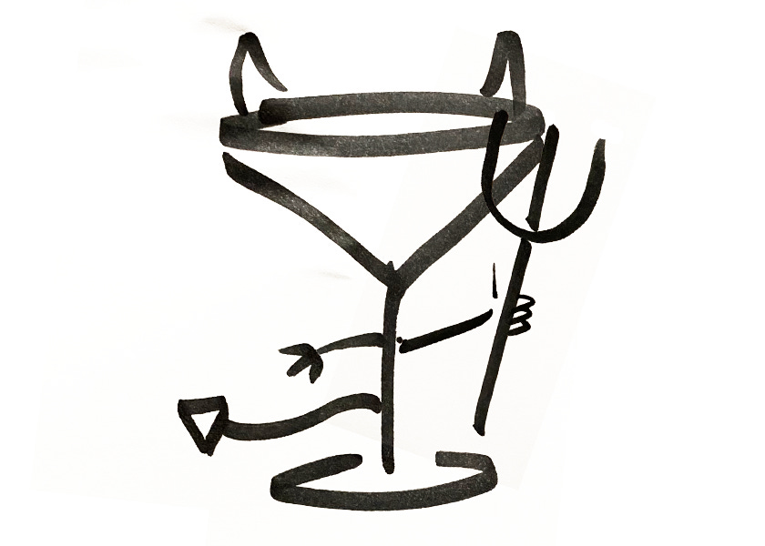 An anthropomorphic cocktail glass with devil horns and a pitchfork
