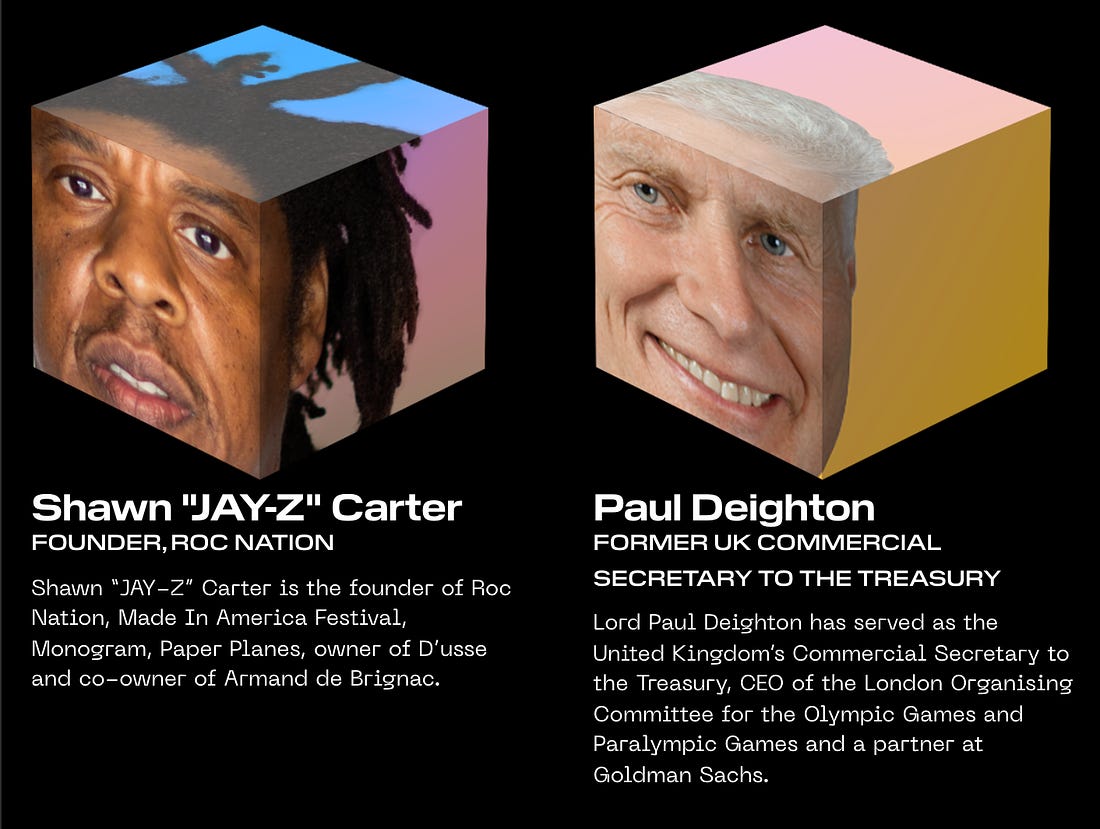 Screenshot from the Block “Board of Directors” page with awkward cube-mapped pictures of Jay Z and Paul Deighton.