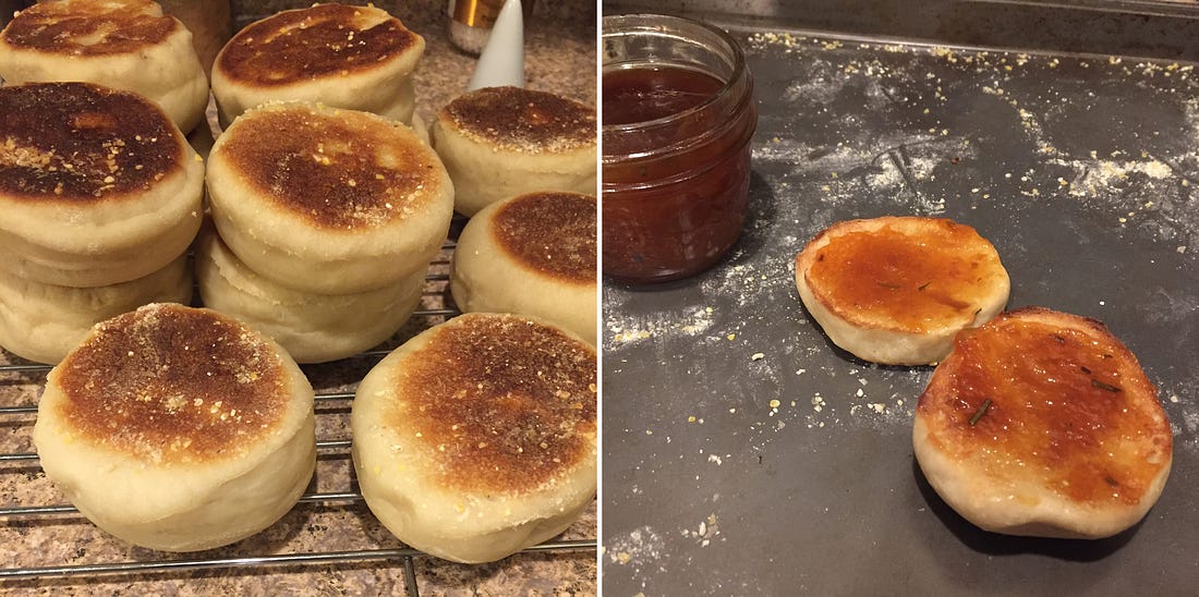 Left image: stacks of browned English muffins dusted with cornmeal rest on a cooling rack. Right image: a sliced English muffin on a cornmeal-covered baking pan. It has been toasted and spread with apricot jam, with bits of rosemary. The jar of jam sits next to it.