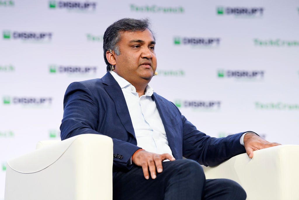 YouTube Chief Product Officer Neal Mohan speaks at TechCrunch Disrupt in San Francisco in 2019. (Steve Jennings / Getty Images)