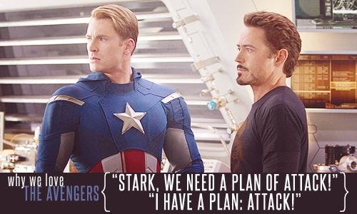 Why we love the Avengers; &quot; I have a plan: Attack!&quot; | Avengers film,  Avengers, Tony stark quotes