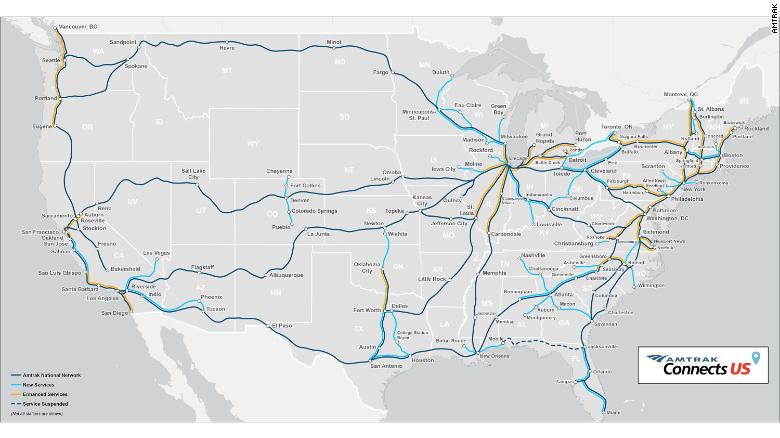 Map of Amtrak&#39;s vision to grow rail service across the United States
