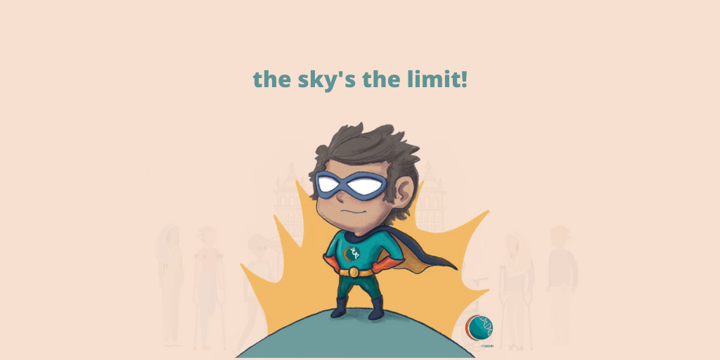 Animated image of Sarbjot's son in a teal superhero costume with a black and yellow cape, blue glasses and red gloves. His costume’s logo is of a broken DNA strand, with the SMN1 gene missing. He is standing on top of the world smiling with his hands on his hips. There is a yellow spark behind him and the @araremoon logo. This image is superimposed over the series image.