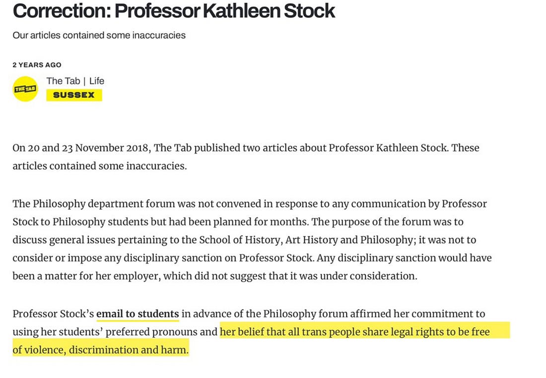 After legal threats by Prof. Kathleen Stock, the student newspaper The Tab withdrew the article and published this correction.