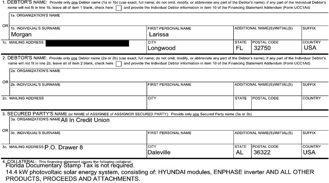Partial screenshot of the public document showing Larissa Morgan, Matt’s wife, using their solar panels (which are less than a year old), as collateral to obtain financing of some kind a few weeks ago. (Screenshot: Seminole County Clerk)