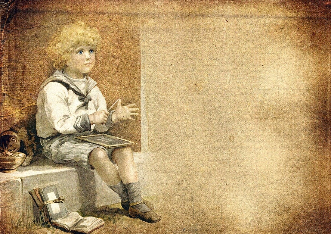 Old painting of a boy counting on his fingers while doing homework