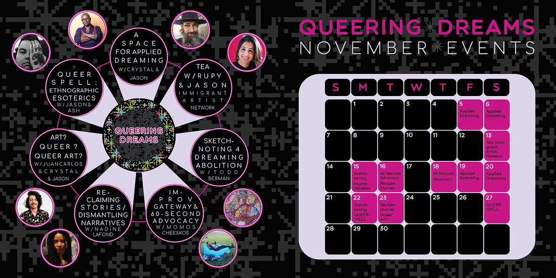 The Queering Dreams November Calendar of Events with photos of all of the Co-Creators.
