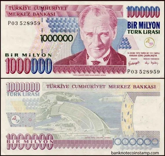 Turkey 1000000 Turkish Lira B290(P213) Used Banknote | Turkish ...