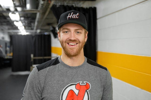 Dougie Hamilton wearing the &quot;Hat&quot; hat, in reference to the Devils&#39; new  alternate &quot;Jersey&quot; jersey : r/hockey