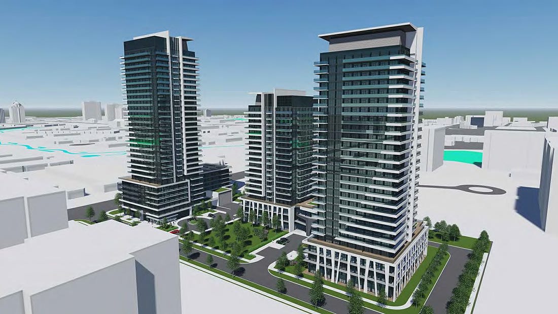 Rendering of a proposed development, 3 condo towers with ground-floor retail.