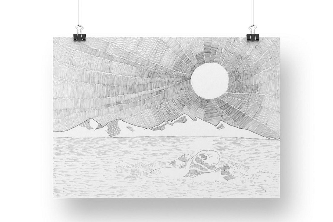 Line drawing with black fine liner pen of landscape with sun, mountains, sea and waves. The sun rays are made up of thousands of lines. The mountain provides a visual break to the lines of the sun and a connector to the sea. On the forefront, three waves with foam are seen. The waves signify the difficult situations in life. But the over encompassing sun holds and maintain control over everything—just like God. Line drawing with black fine liner pen of landscape with sun, mountains, sea and waves. The sun rays are made up of thousands of lines. The mountain provides a visual break to the lines of the sun and a connector to the sea. On the forefront, three waves with foam are seen. The waves signify the difficult situations in life. But the over encompassing sun holds and maintain control over everything—just like God.