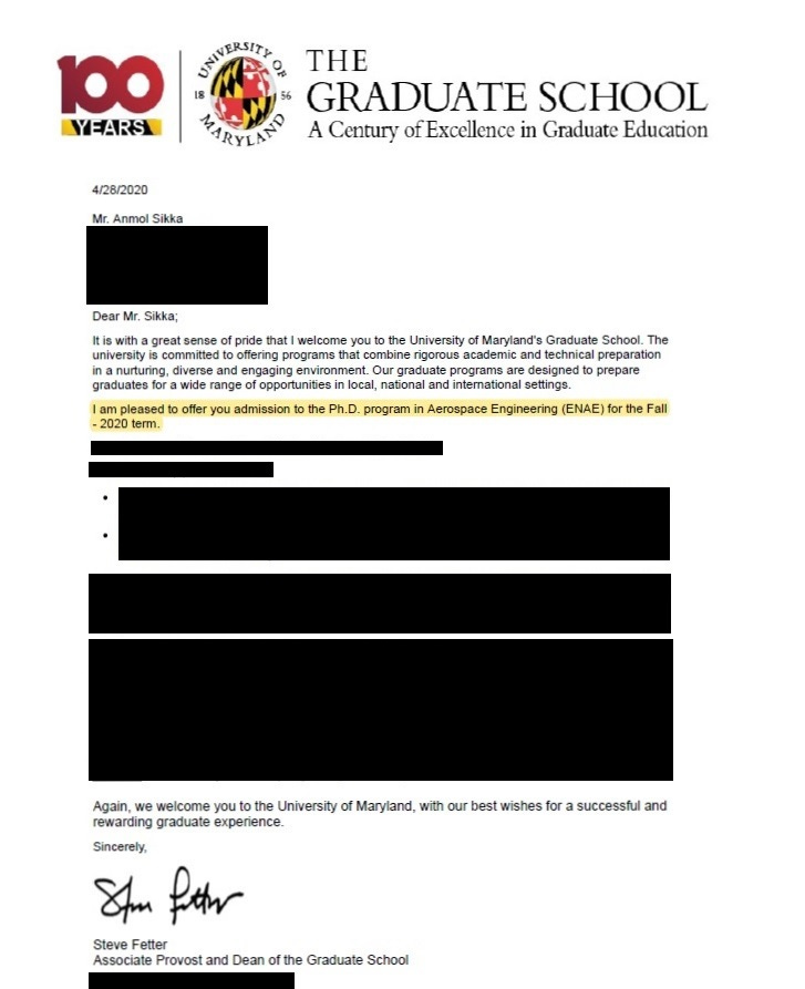 University of Maryland Selection Letter