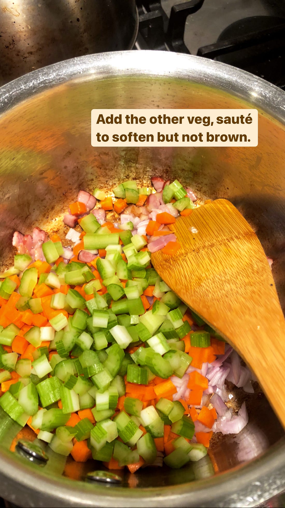 Celery, onion, and carrot added to the bacon