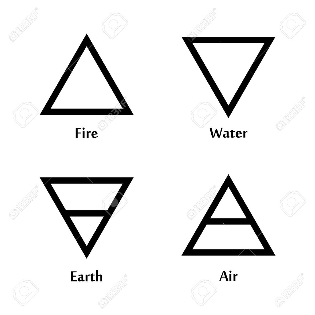 Raster Illustration Of Four Elements Icons, Triangle Icons Symbols. Logo  Template. Wind, Fire, Water, Earth Symbol. Pictograph. Stock Photo, Picture  And Royalty Free Image. Image 90653960.
