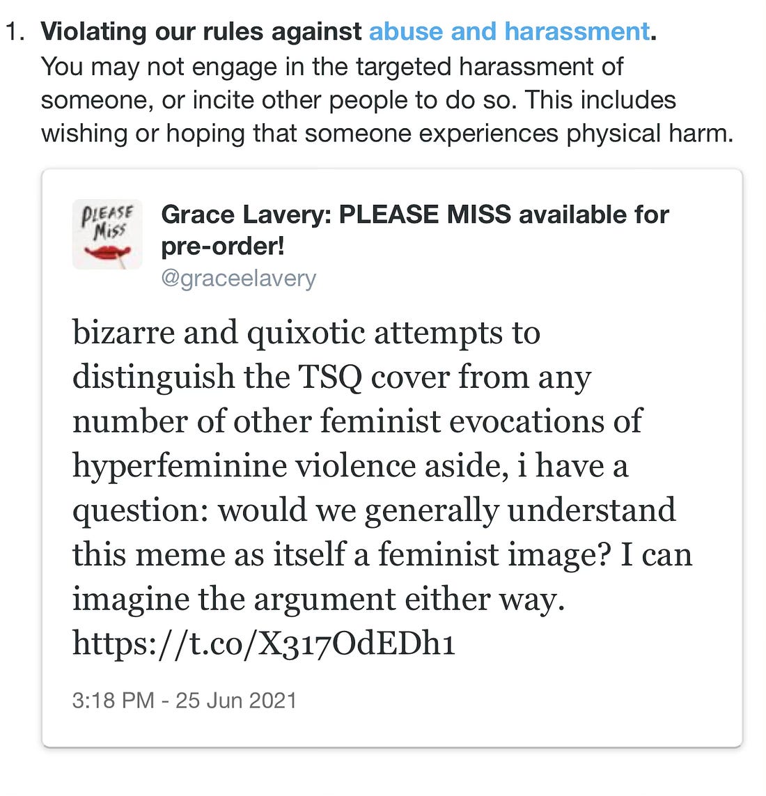 Grace Lavery tweet about Trans Studies Quarterly cover image and hyperfeminine violence