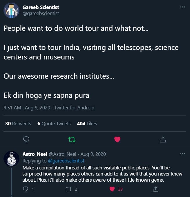 @GareebScientist Tweet and @Astro_Neel Reply | The idea behind Science Tourism in India
