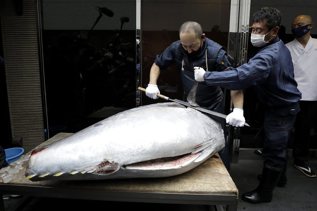 A bluefin tuna sold for 20.84 million yen ($202,000). 