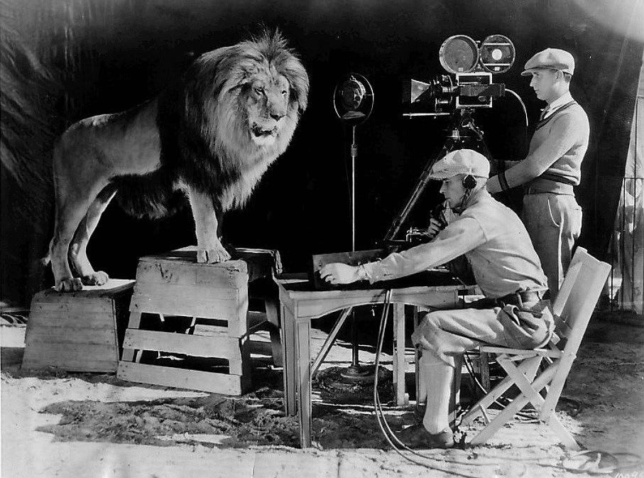 Lion, standing on crates, with a microphone and camera, with two recording artists, one standing and one sitting, in front of him