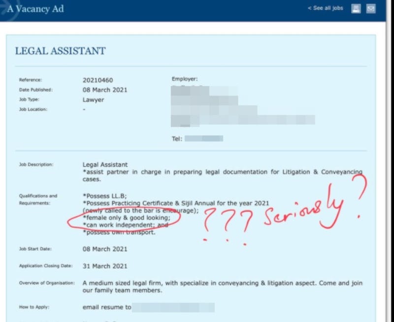 A screenshot showing the advertisement that was allegedly uploaded on the Malaysian Bar’s job search platform yesterday — also International Women’s Day — was posted on Facebook by user Aidhil Khalid, and has since garnered 461 shares by other users. — Screenshot from Facebook