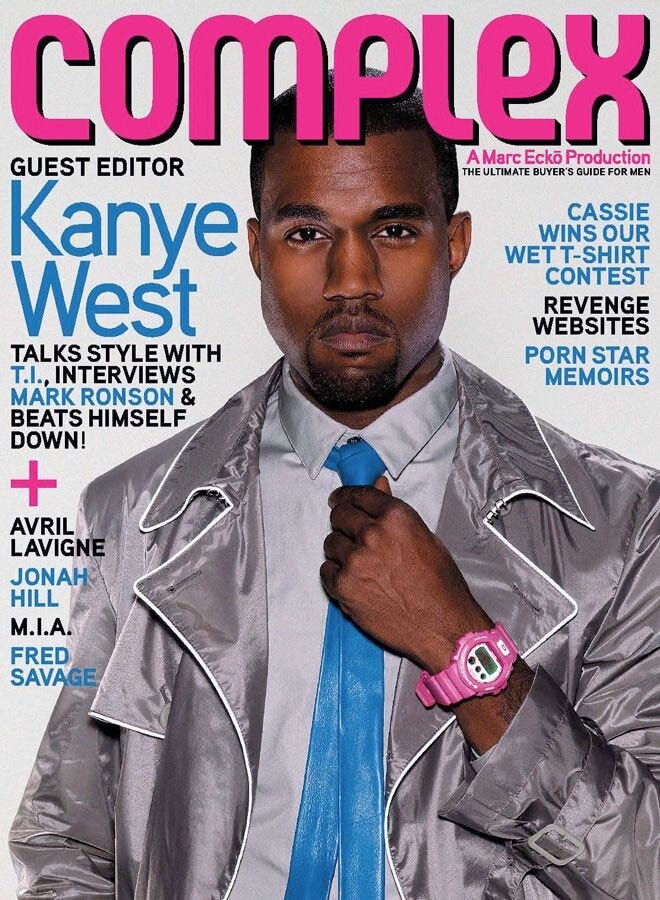 Kanye wearing a pink G-Shock on the cover of Complex (side note: shoutouts to watch guy Fred Savage on the cover too) Kanye wearing a pink G-Shock on the cover of Complex (side note: shoutouts to watch guy Fred Savage on the cover too)